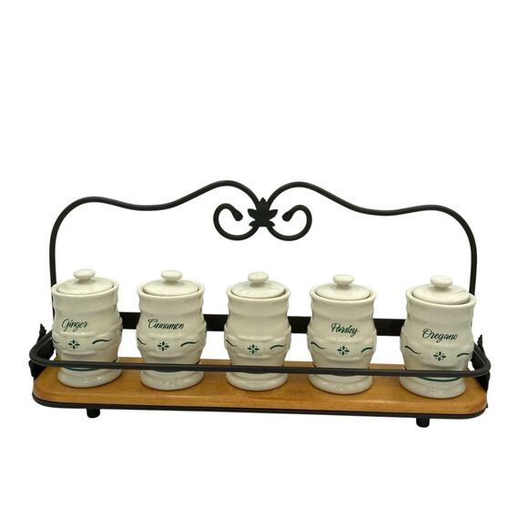 Longaberger Spice Rack W/ 5 Jars & Lids Green White Metal Screws Included - Picture 1 of 16